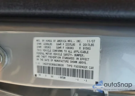 2008 Honda Accord Lx из США, поврежденный, VIN 1HGCP26368A038006